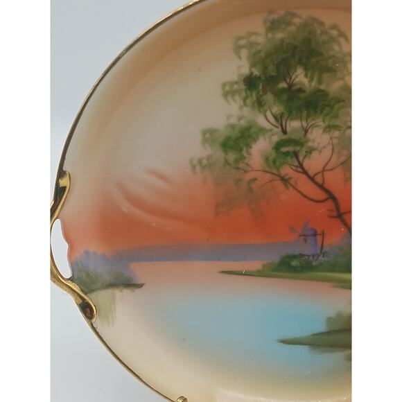 VTG Noritake Handled Hand Painted Round Serving Plate Landscape Tree in Meadow - Picture 2 of 9
